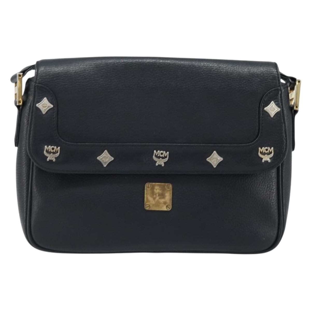 MCM Shoulder Bag Leather Black Gold Auth mr2156