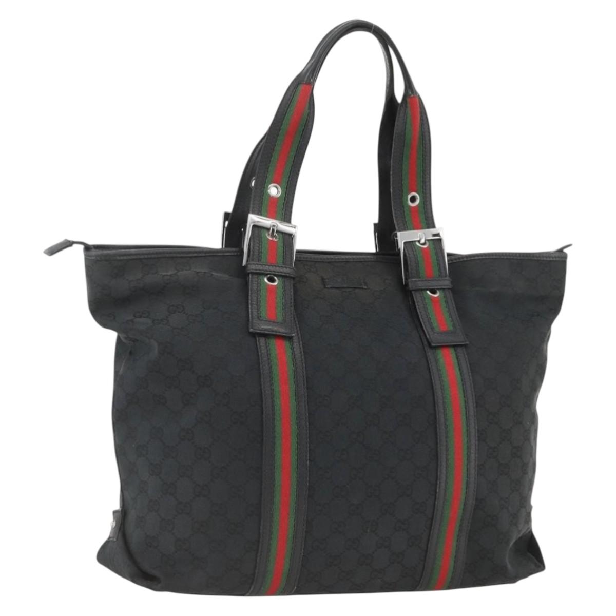 GUCCI GG Canvas Web Sherry Line Tote Bag Black Silver 132898 Auth mr2181