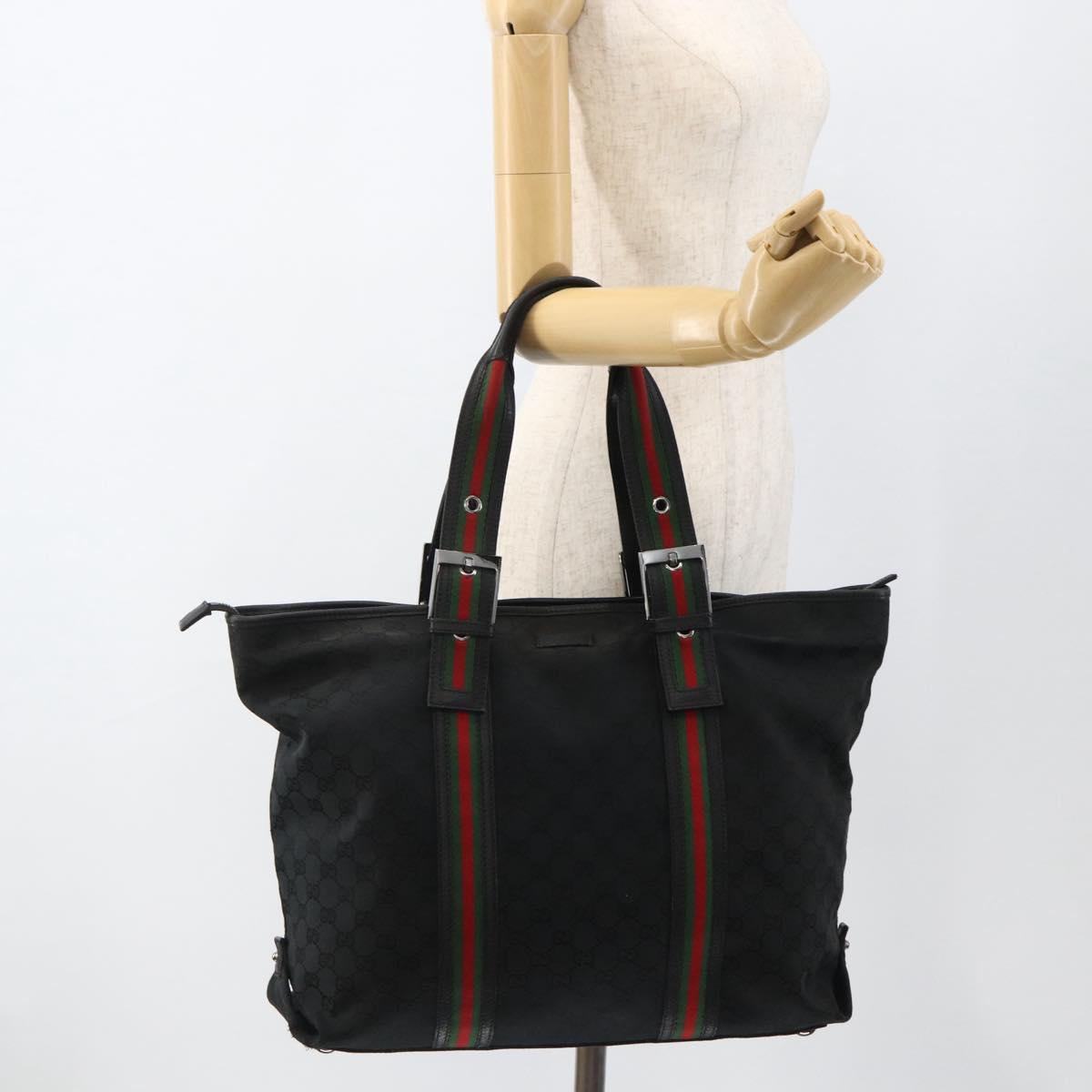 GUCCI GG Canvas Web Sherry Line Tote Bag Black Silver 132898 Auth mr2181