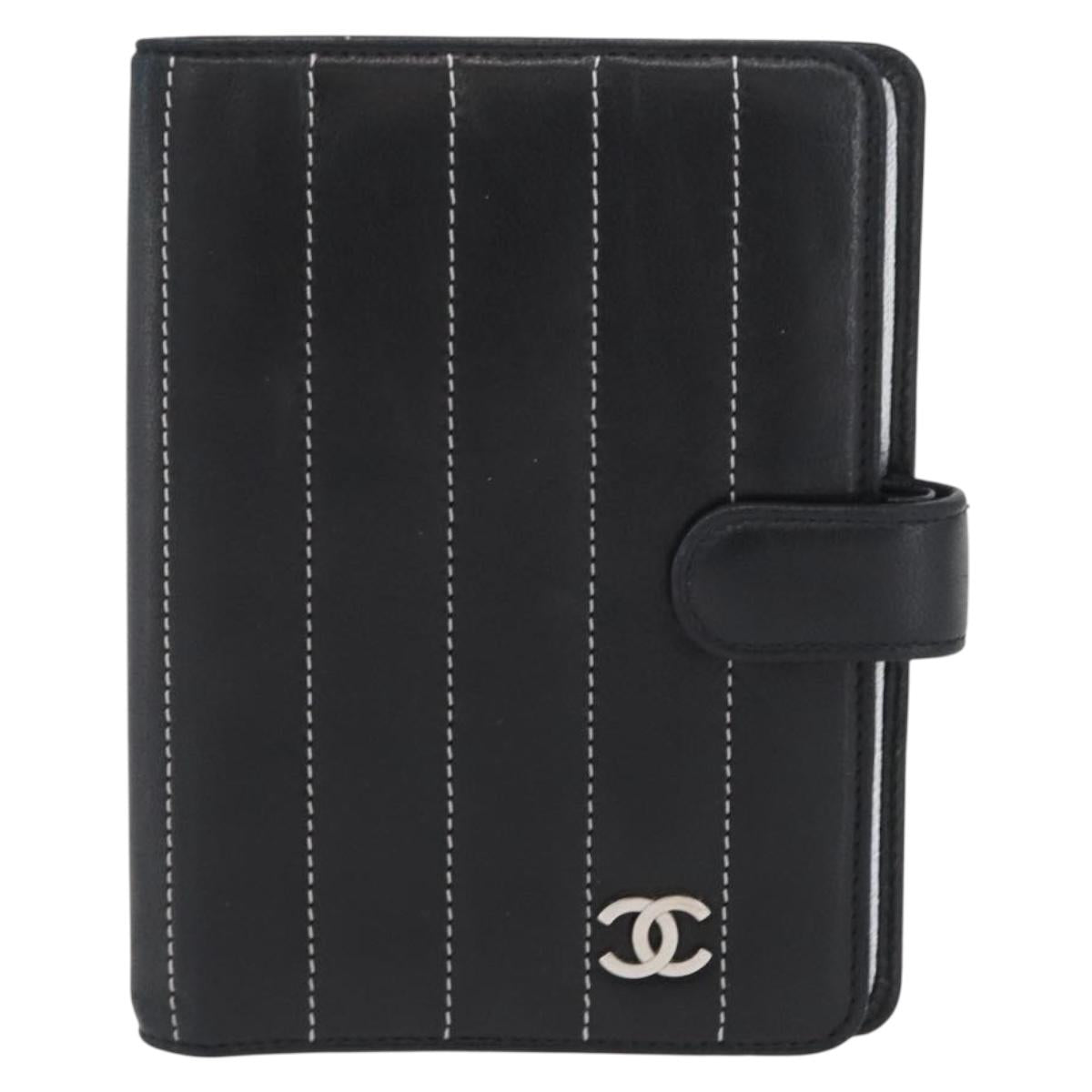 CHANEL Mademoiselle Agenda Day Planner Cover Leather Silver Black CC Auth mr2185