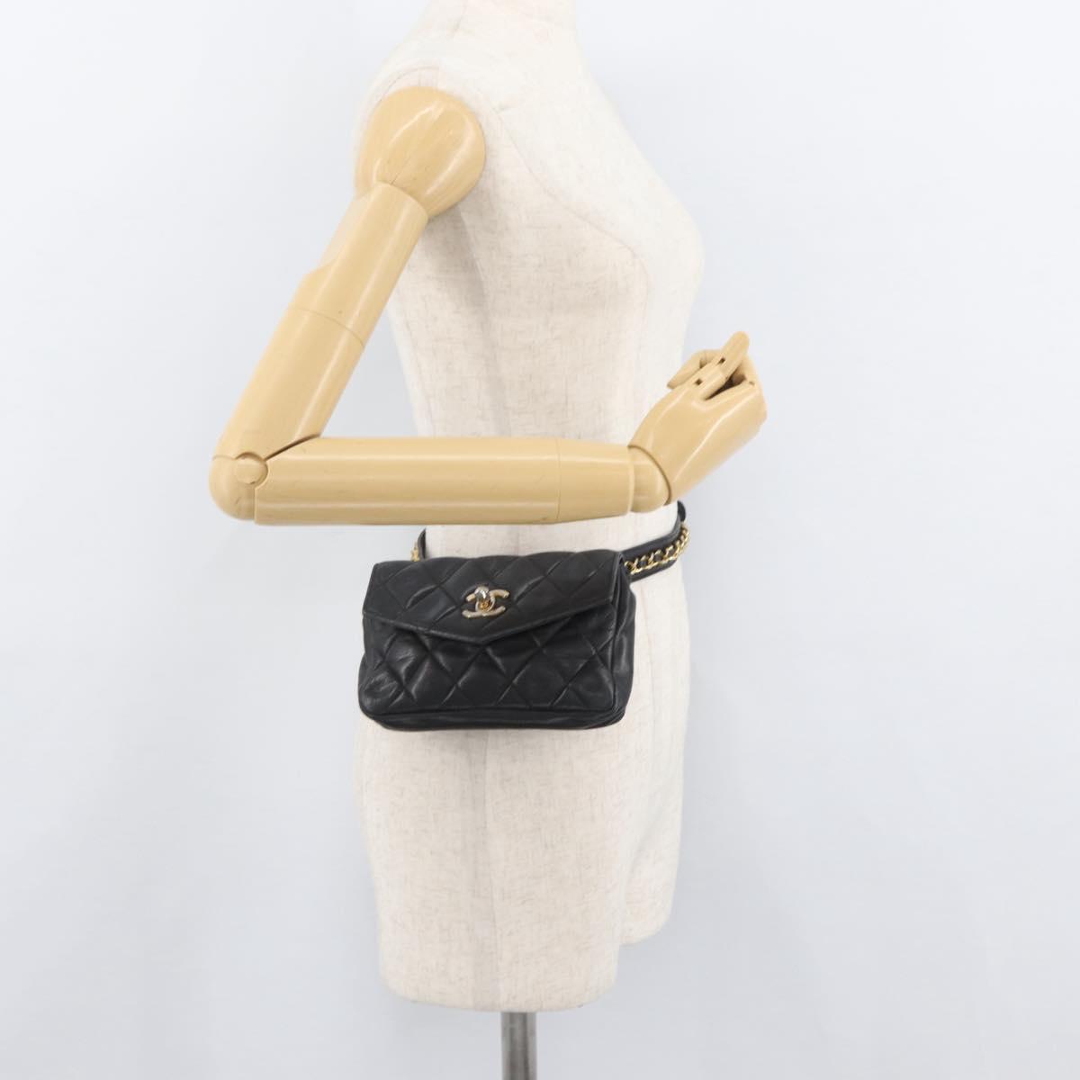 CHANEL Matelasse Waist bag Lamb Skin Black Gold CC Auth mr2227