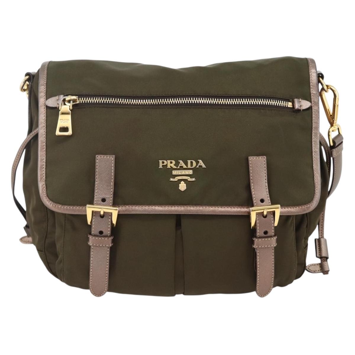 PRADA Shoulder Bag Nylon Khaki Gold Auth mr2228