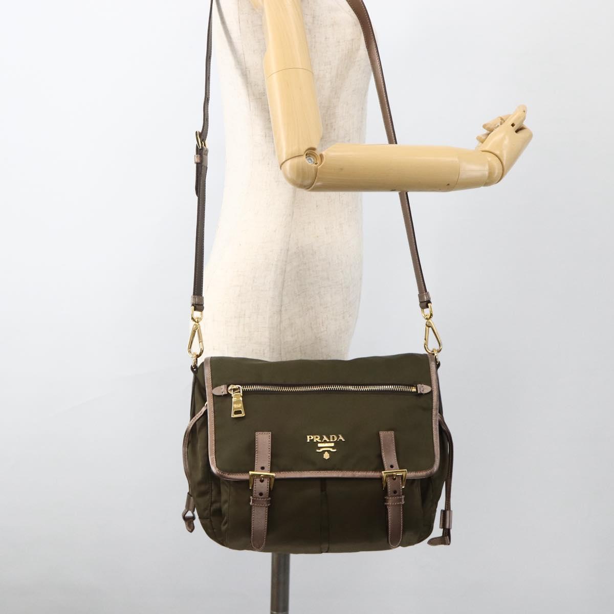PRADA Shoulder Bag Nylon Khaki Gold Auth mr2228