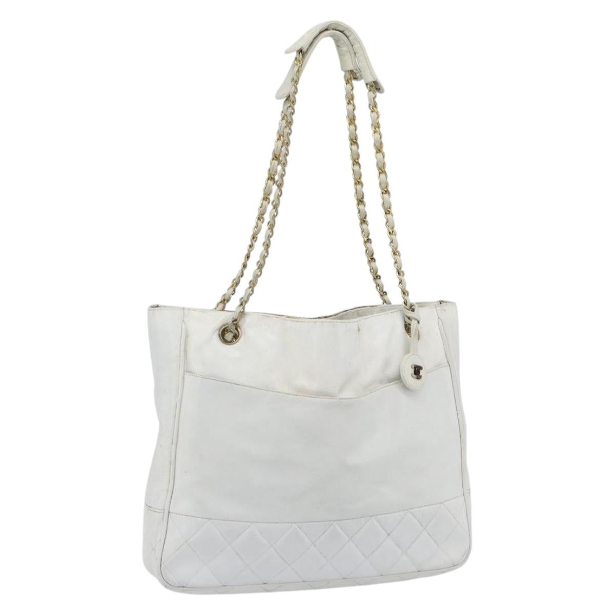 CHANEL Chain Shoulder Bag Leather White Gold CC Auth mr2247