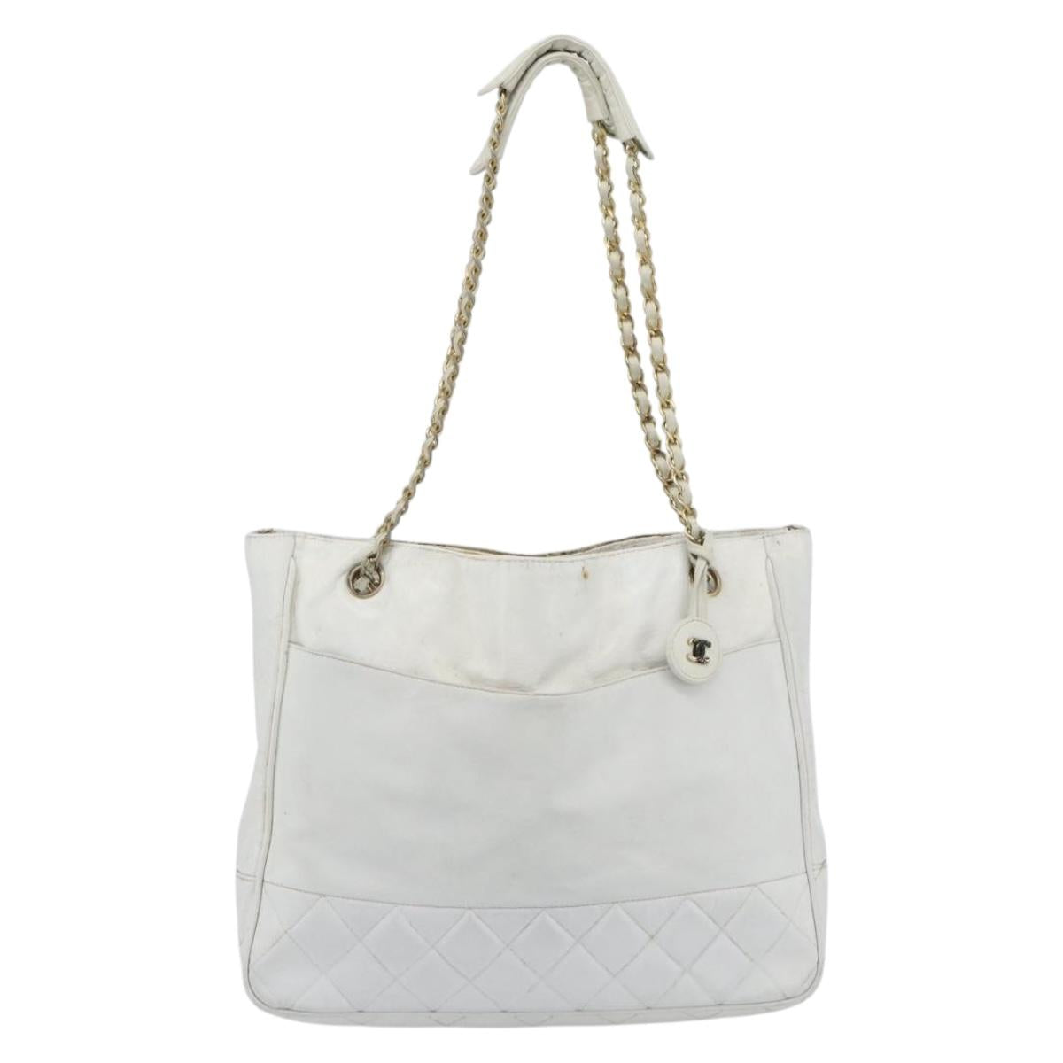CHANEL Chain Shoulder Bag Leather White Gold CC Auth mr2247