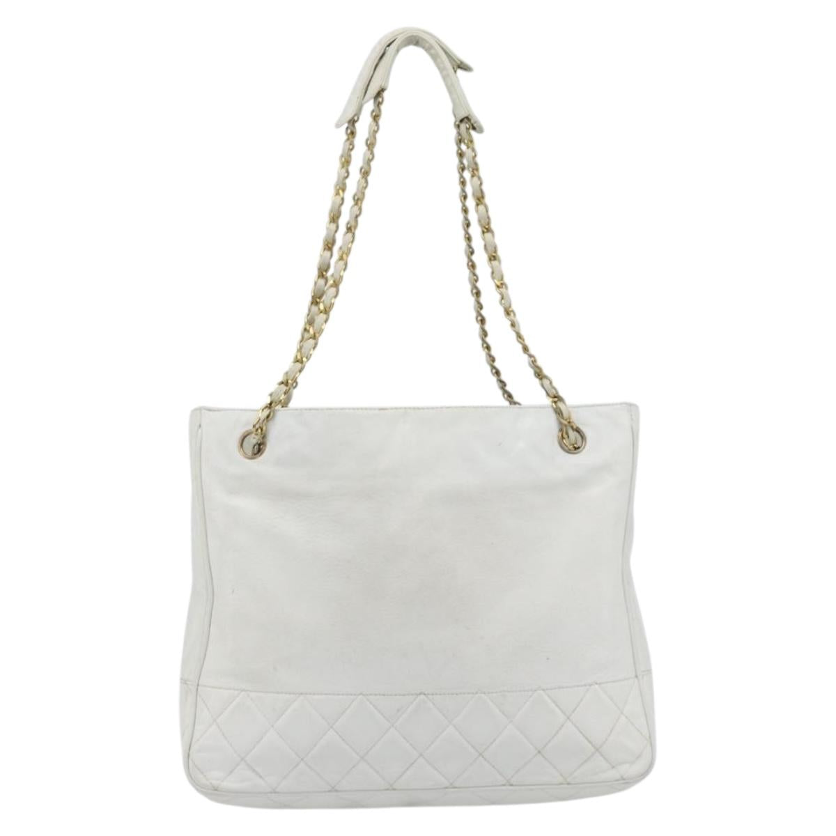 CHANEL Chain Shoulder Bag Leather White Gold CC Auth mr2247