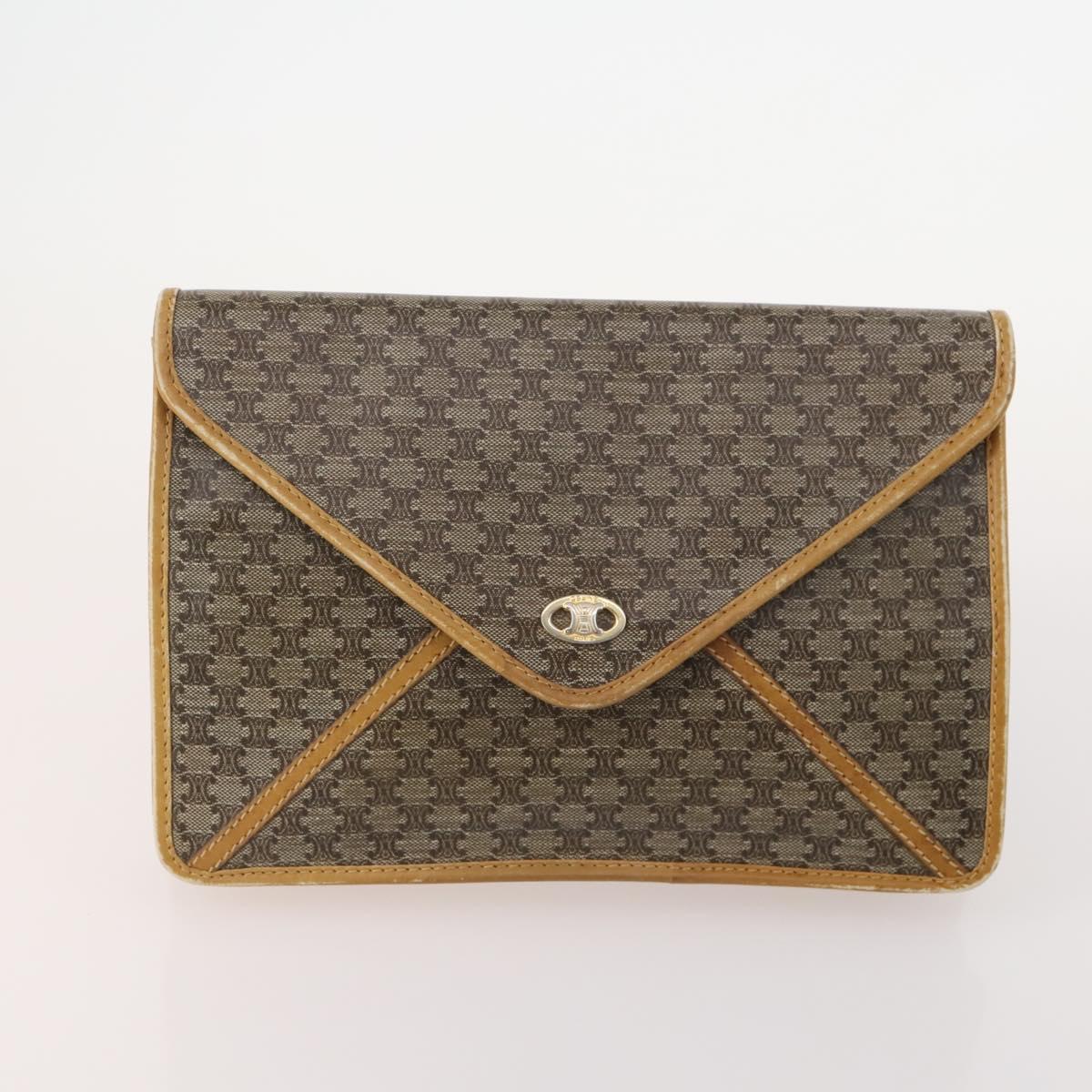 CELINE Macadam Canvas Clutch Bag PVC Leather 5 Set Brown Gold Auth mr2262