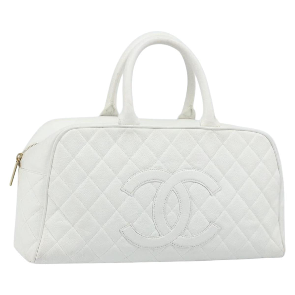 CHANEL Matelasse Boston Bag Caviar Skin White Gold CC Auth mr2276