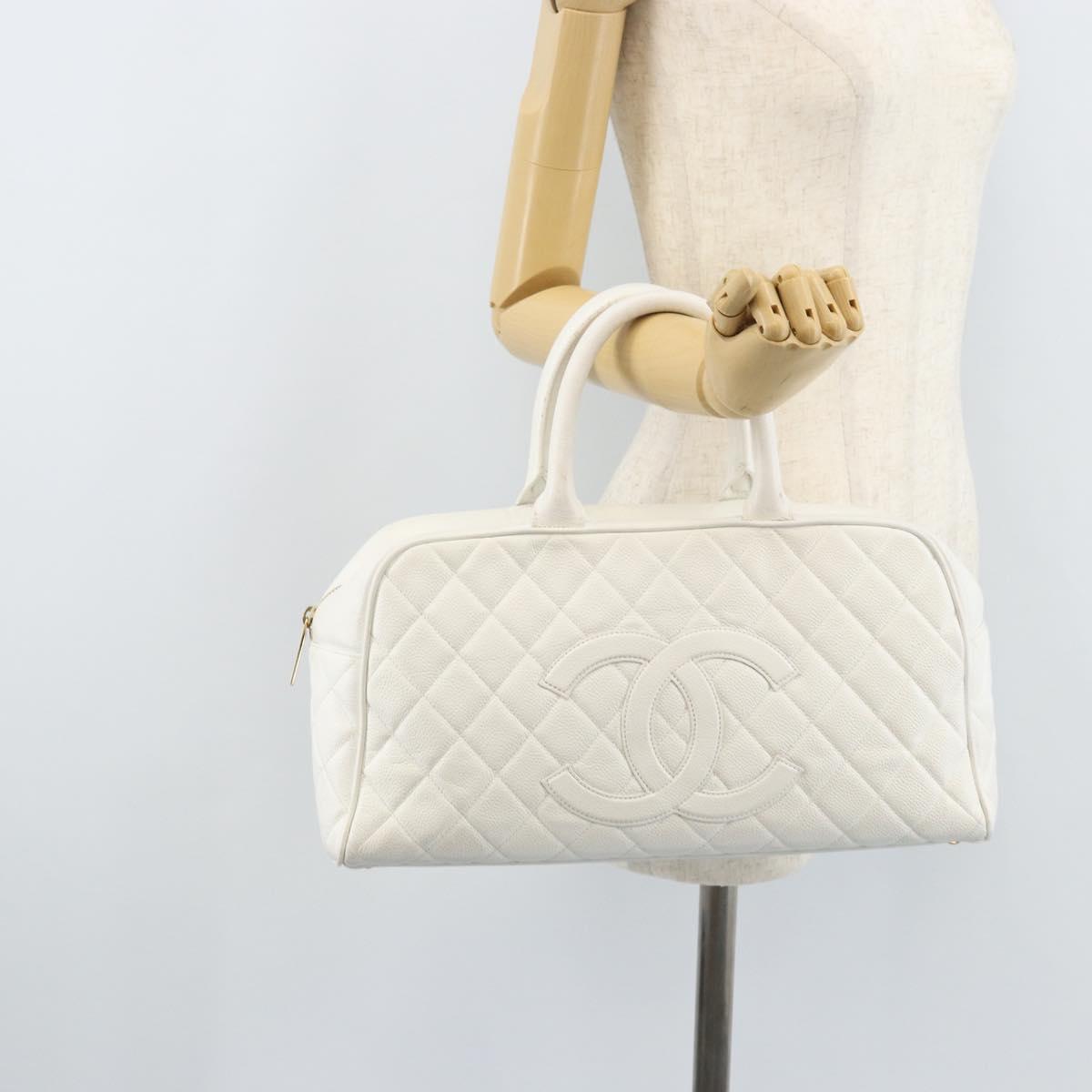 CHANEL Matelasse Boston Bag Caviar Skin White Gold CC Auth mr2276