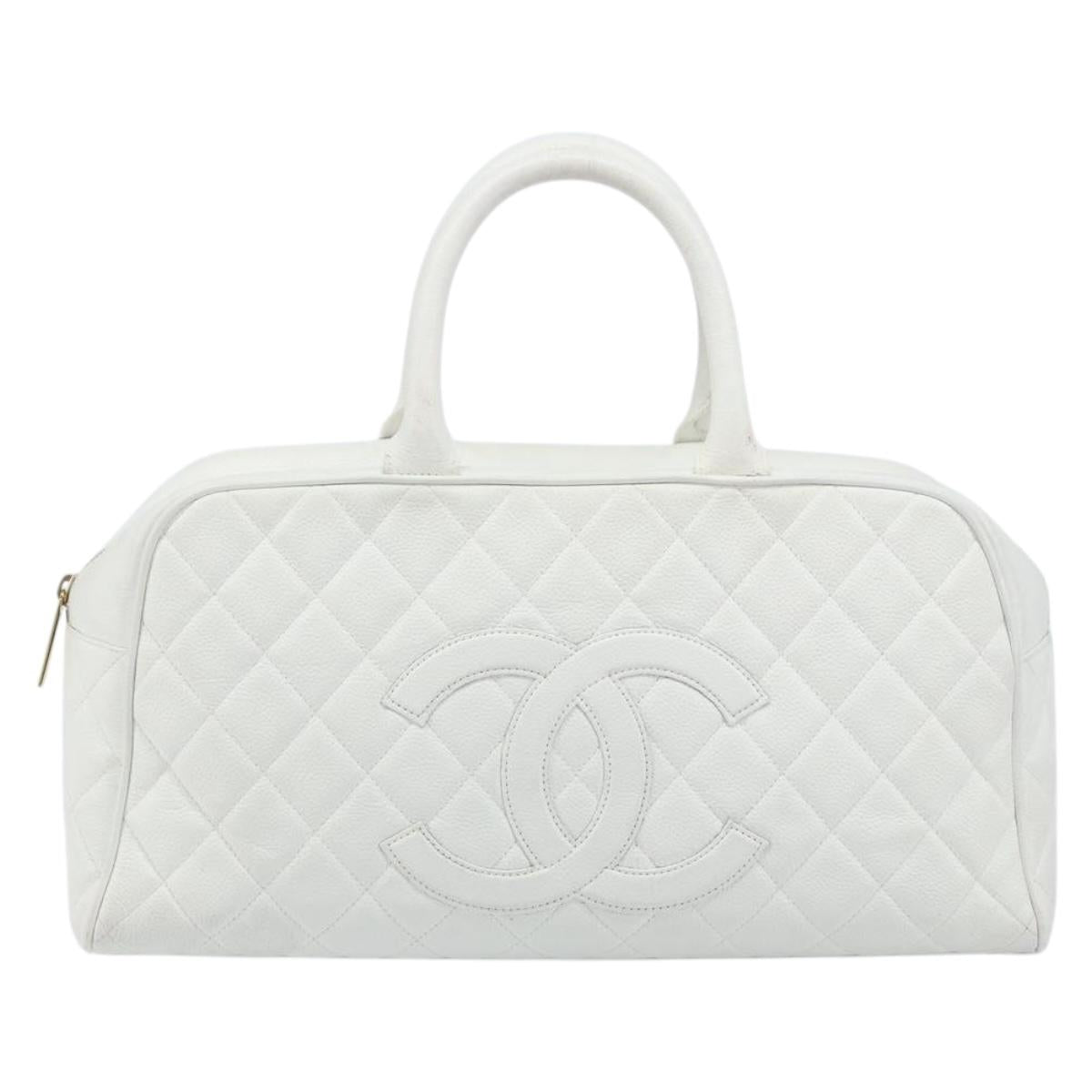 CHANEL Matelasse Boston Bag Caviar Skin White Gold CC Auth mr2276