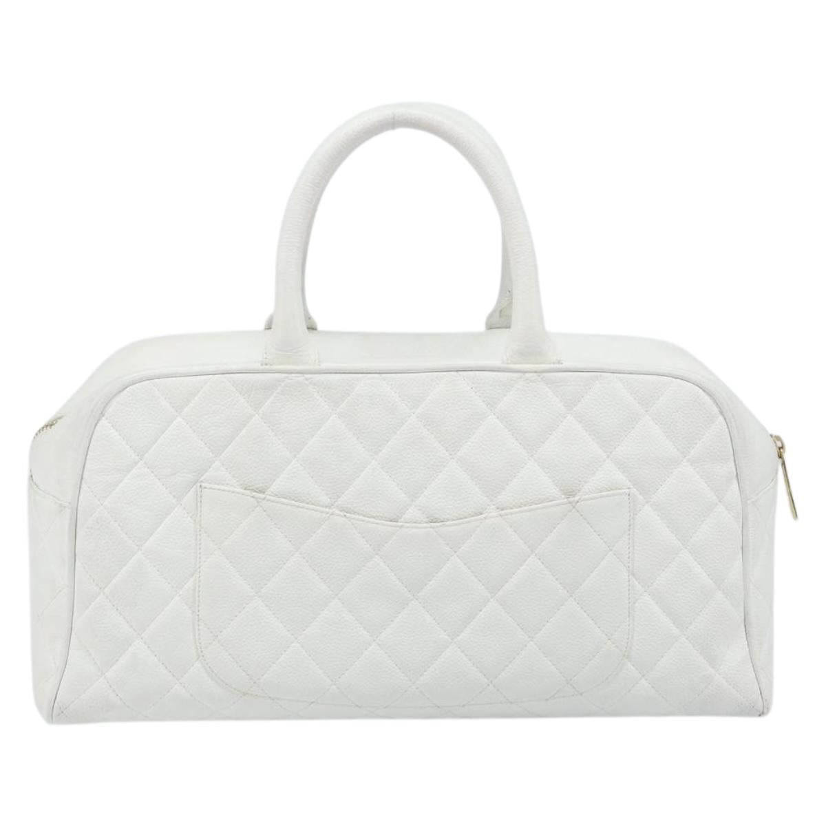 CHANEL Matelasse Boston Bag Caviar Skin White Gold CC Auth mr2276