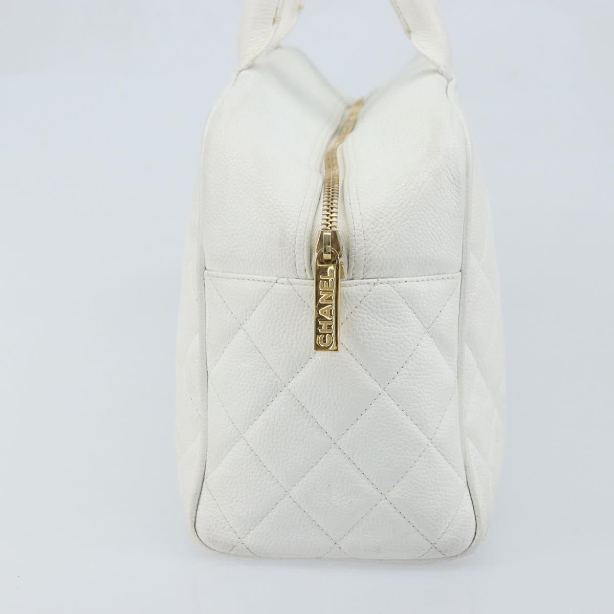 CHANEL Matelasse Boston Bag Caviar Skin White Gold CC Auth mr2276
