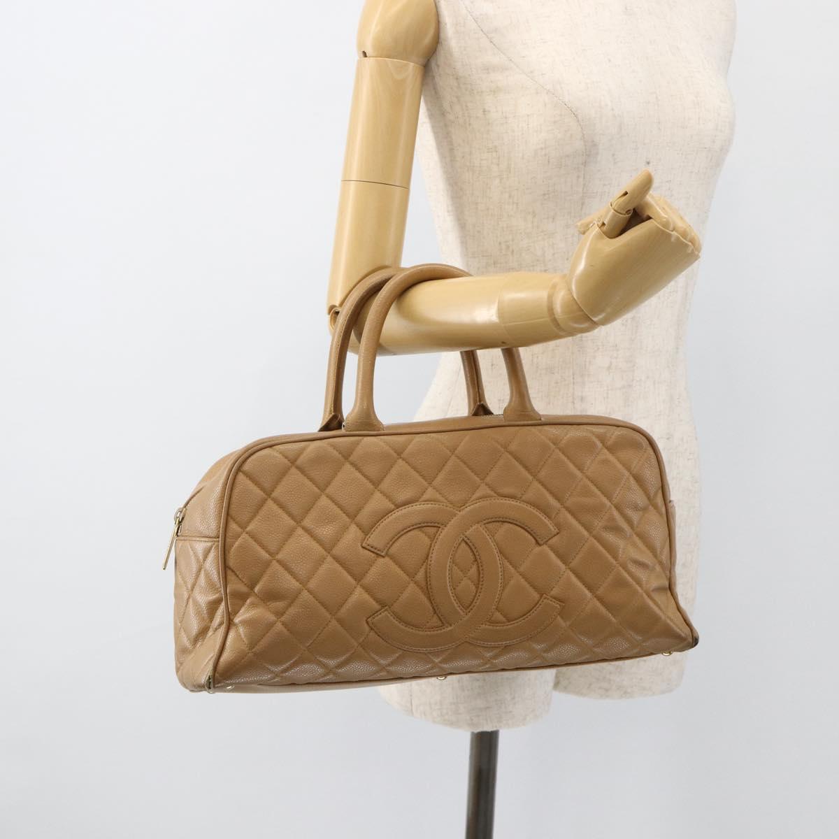 CHANEL Matelasse Boston Bag Caviar Skin Beige Gold CC Auth mr2295