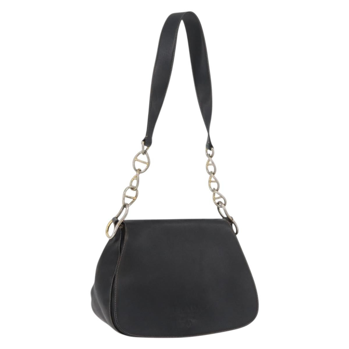 PRADA Chain Shoulder Bag Leather Black Gold Auth mr2300