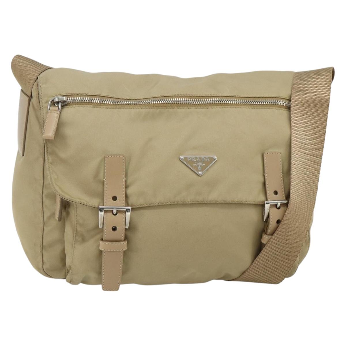 PRADA Shoulder Bag Nylon Beige Silver Auth mr2327A