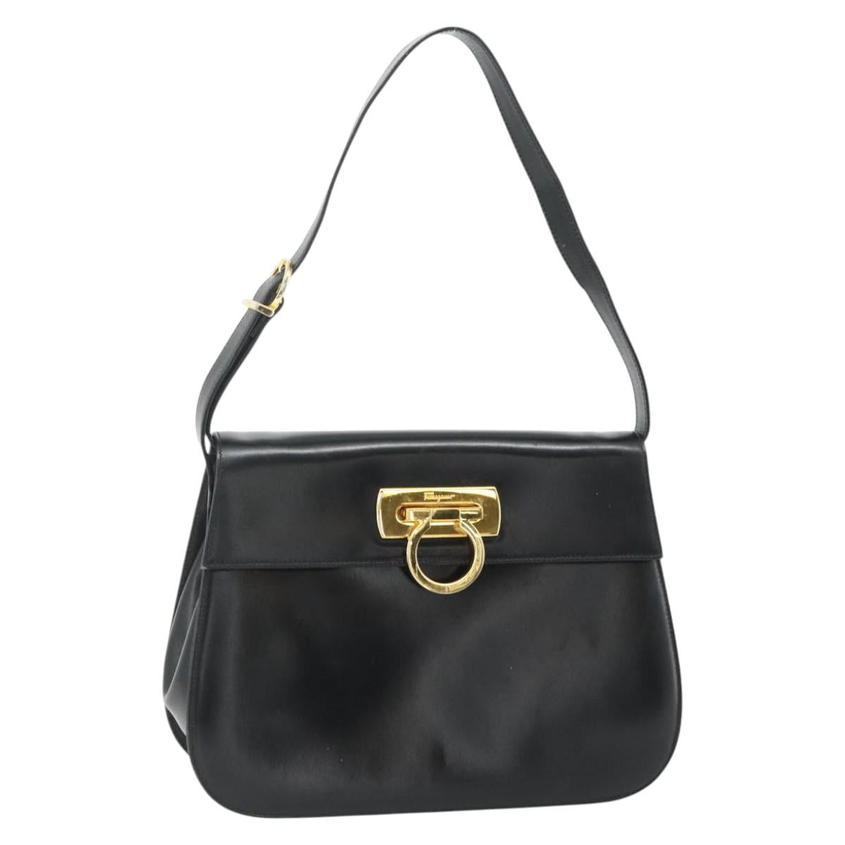 Salvatore Ferragamo Gancini Shoulder Bag Leather Black Gold Auth mr2337