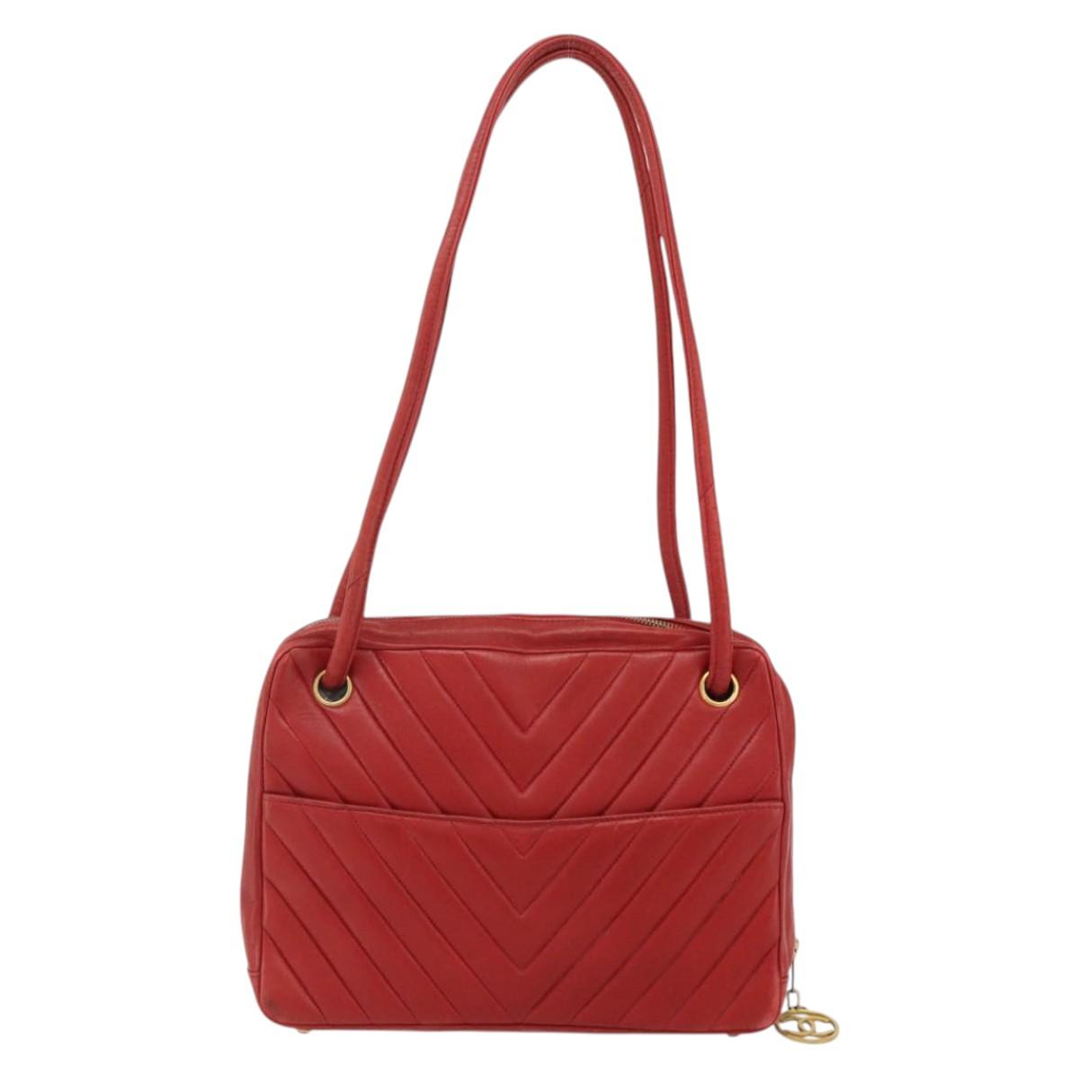 CHANEL V Stitch Shoulder Bag Lamb Skin Gold Red CC Auth mr2345