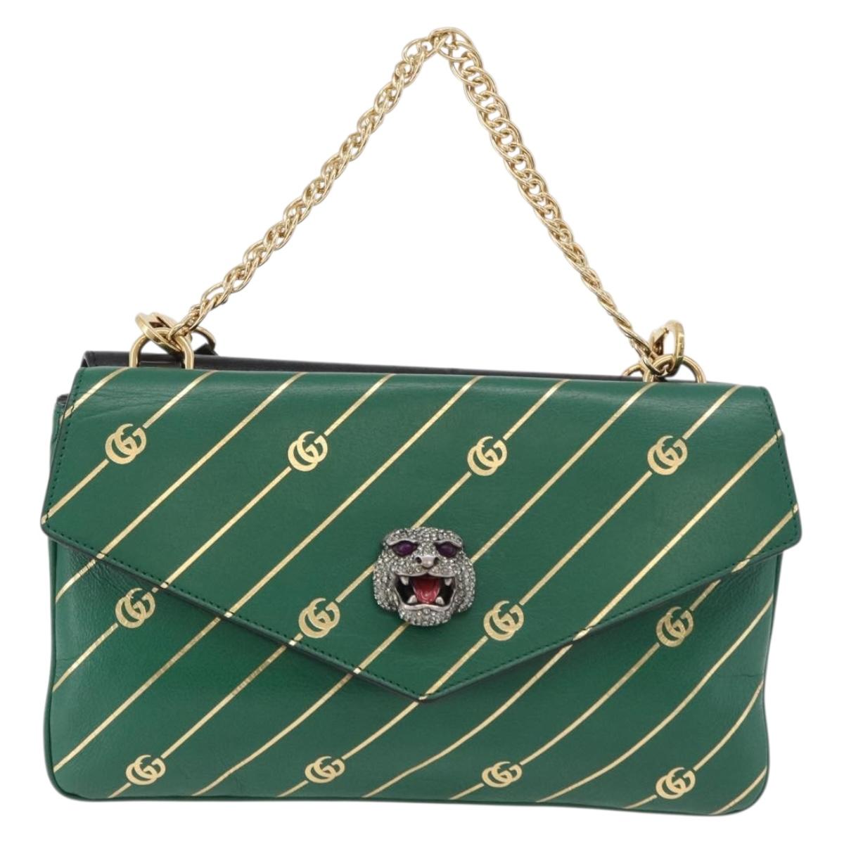 GUCCI Cat Double Face Shoulder Bag Leather Green Gold 524822 Auth mr2360V