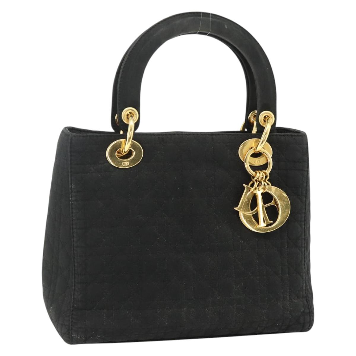 Christian Dior Lady Dior Canage Hand Bag Nylon Black Gold Auth mr2361