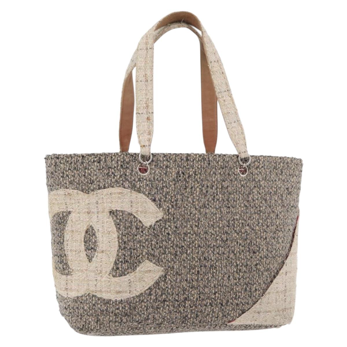 CHANEL Cambon Line Tote Bag Tweed Gray Silver CC Auth mr2380A