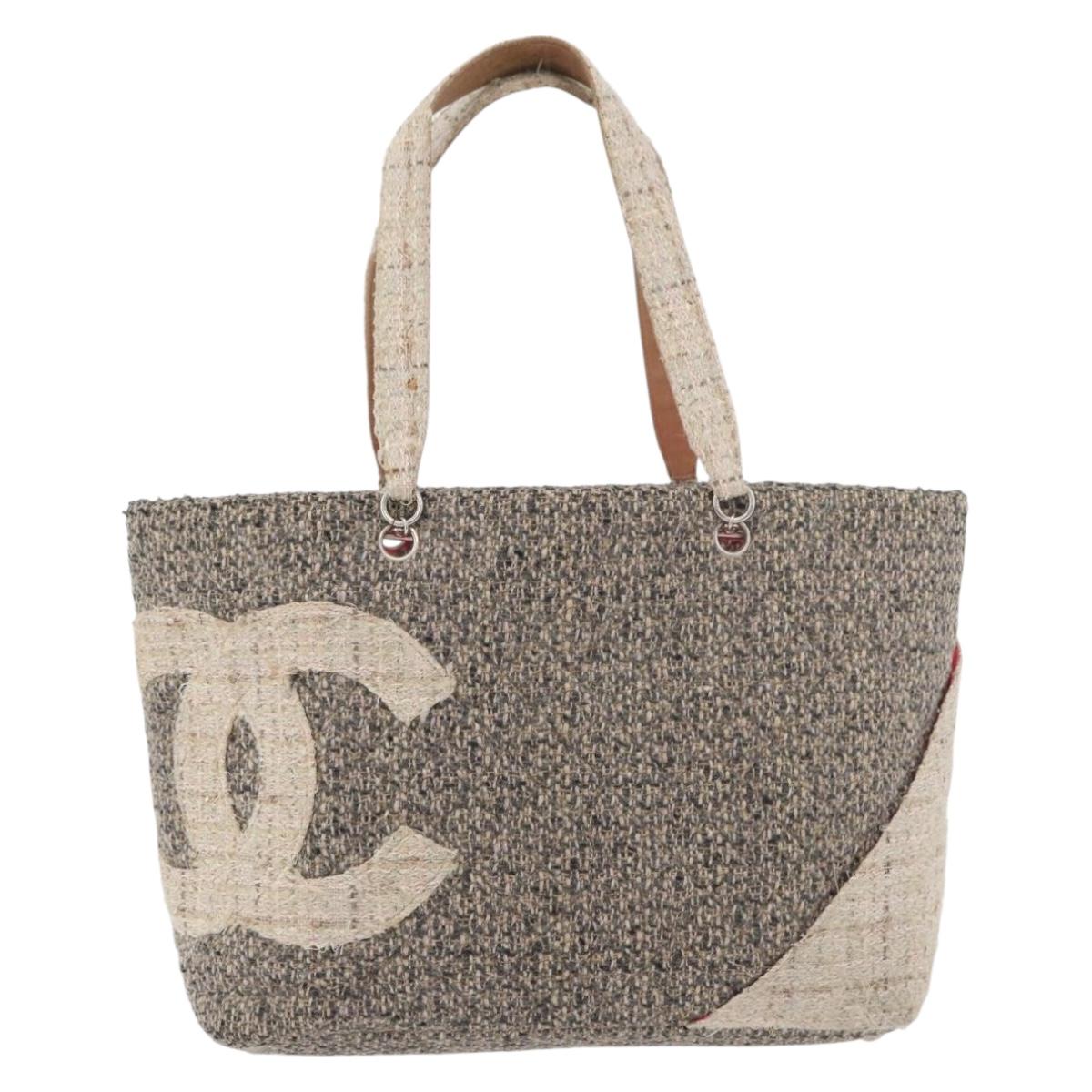 CHANEL Cambon Line Tote Bag Tweed Gray Silver CC Auth mr2380A