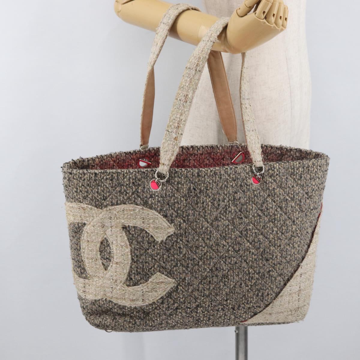 CHANEL Cambon Line Tote Bag Tweed Gray Silver CC Auth mr2380A