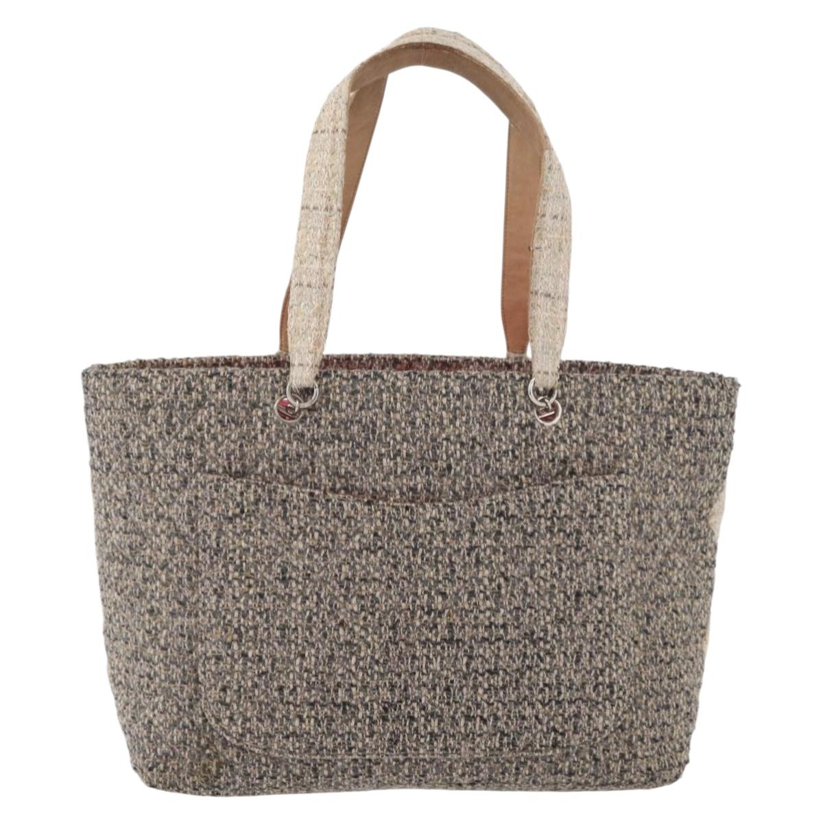 CHANEL Cambon Line Tote Bag Tweed Gray Silver CC Auth mr2380A