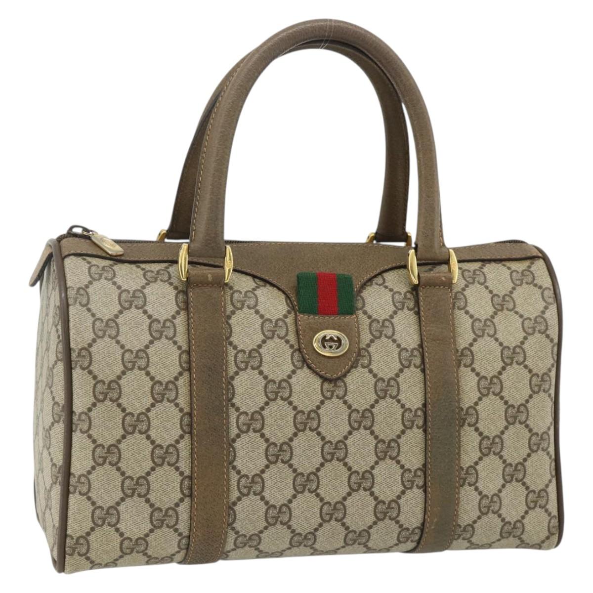 GUCCI GG Supreme Web Sherry Line Boston Bag PVC Beige Gold Auth mr2389