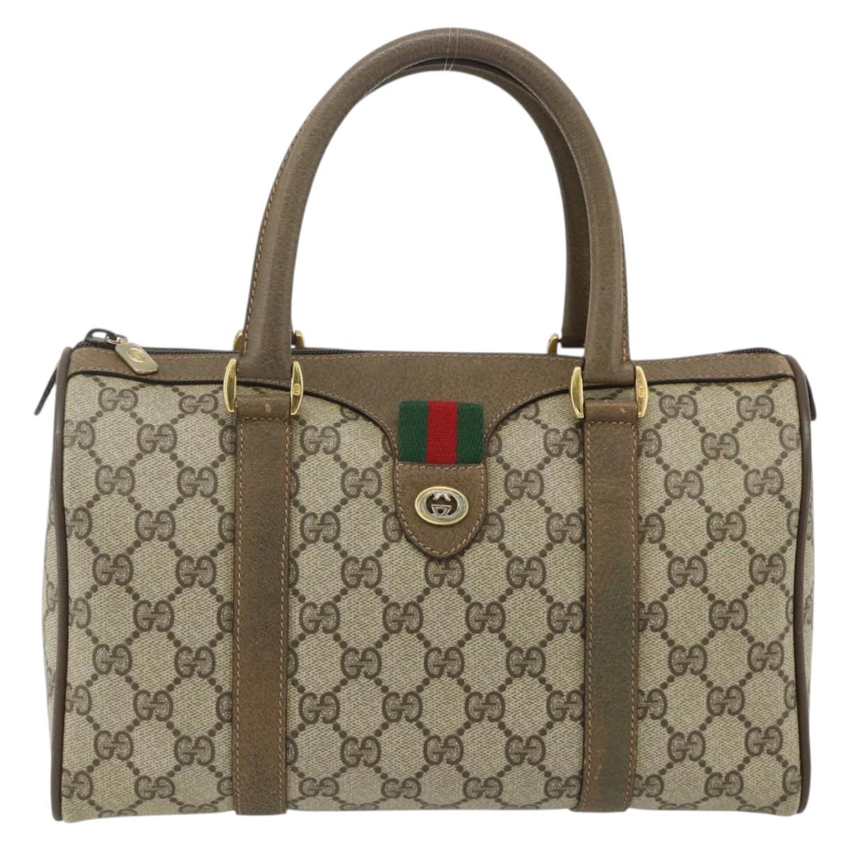 GUCCI GG Supreme Web Sherry Line Boston Bag PVC Beige Gold Auth mr2389