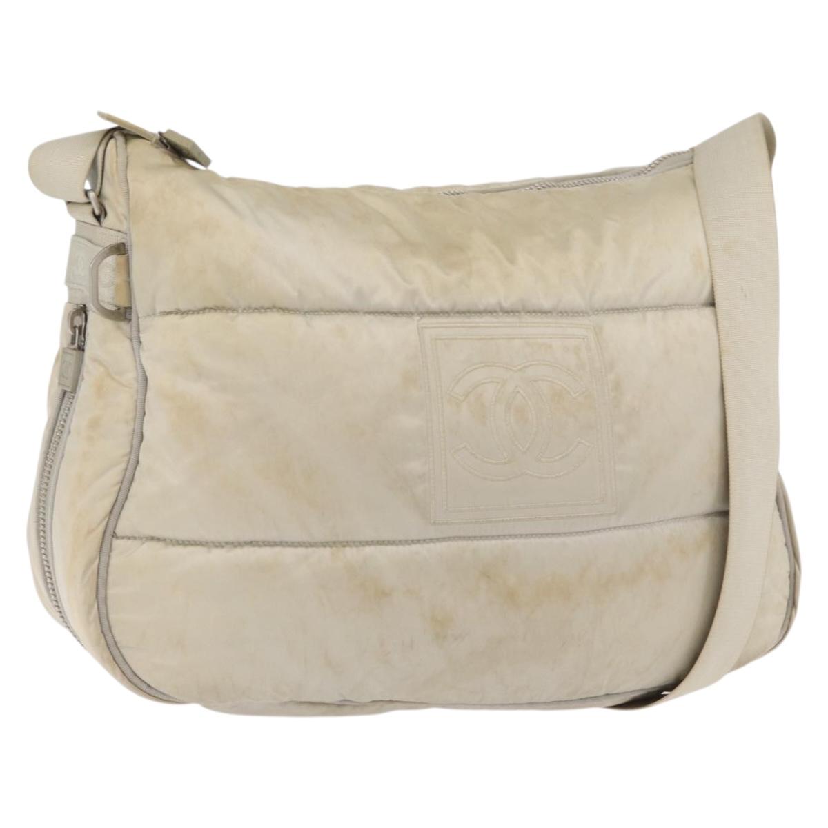 CHANEL Shoulder Bag Nylon Beige Silver CC Auth mr2413