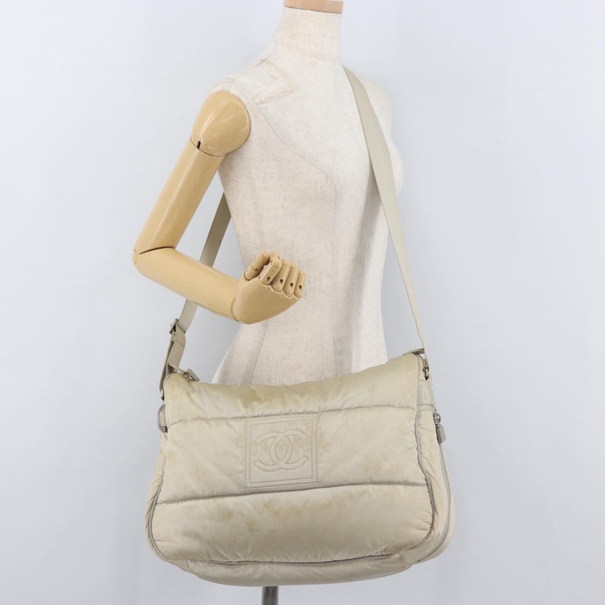 CHANEL Shoulder Bag Nylon Beige Silver CC Auth mr2413