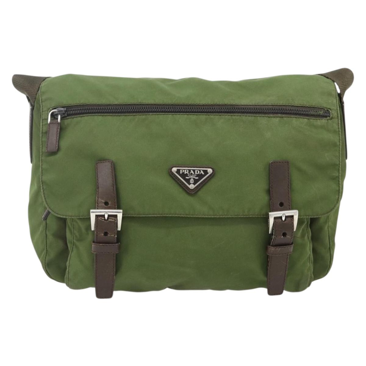 PRADA Shoulder Bag Nylon Khaki Silver Auth mr2417