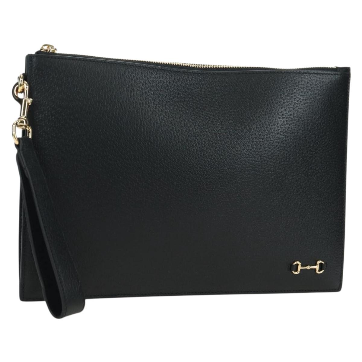 GUCCI Horsebit Clutch Bag Leather Black Gold 700524 Auth mr2429V