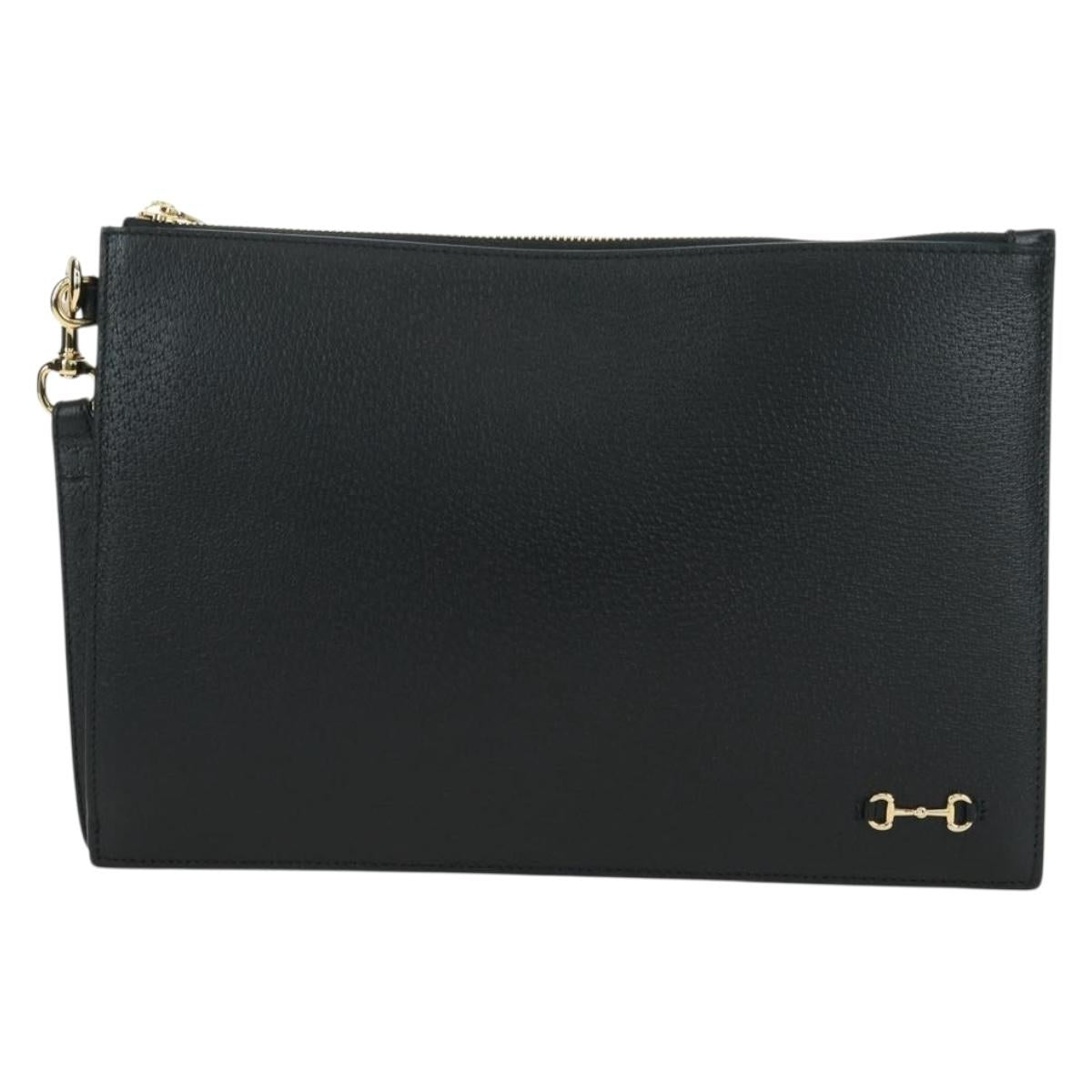 GUCCI Horsebit Clutch Bag Leather Black Gold 700524 Auth mr2429V