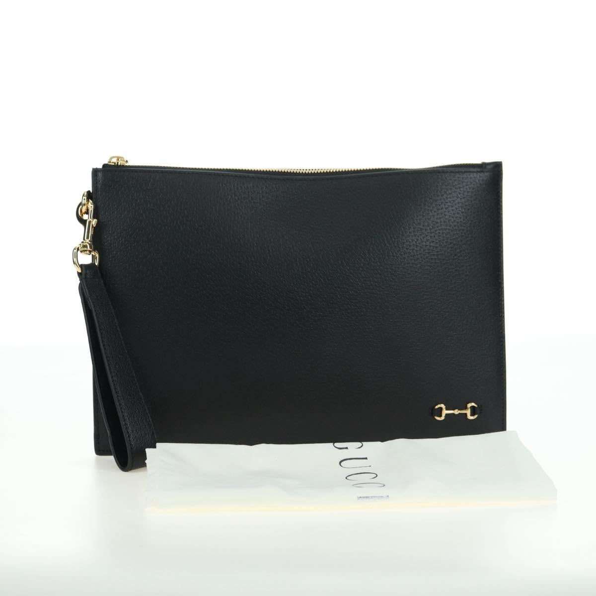 GUCCI Horsebit Clutch Bag Leather Black Gold 700524 Auth mr2429V
