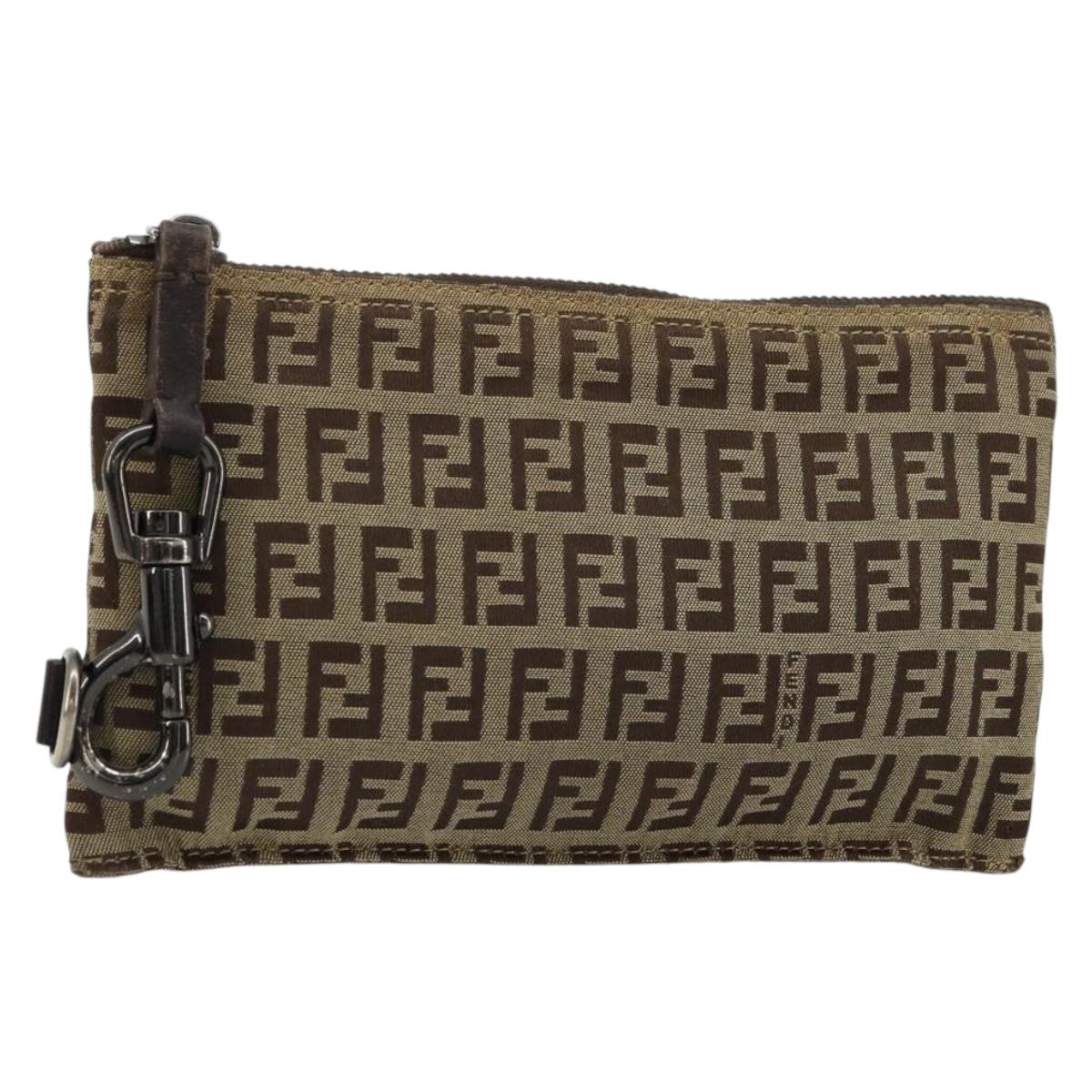 FENDI Zucchino Canvas Pouch Brown Silver Auth mr2431