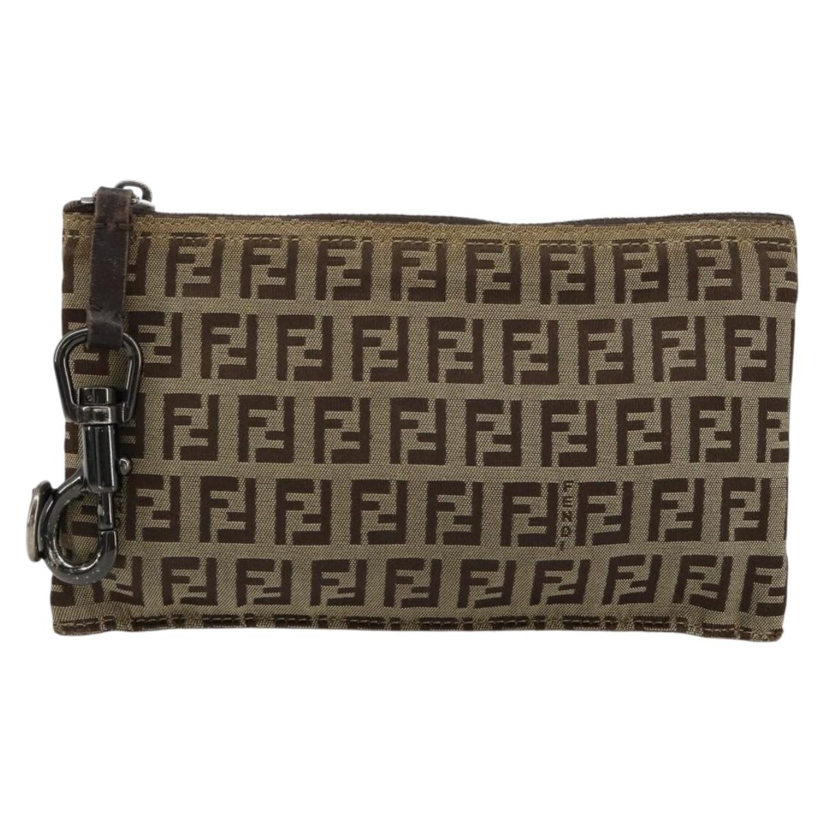 FENDI Zucchino Canvas Pouch Brown Silver Auth mr2431