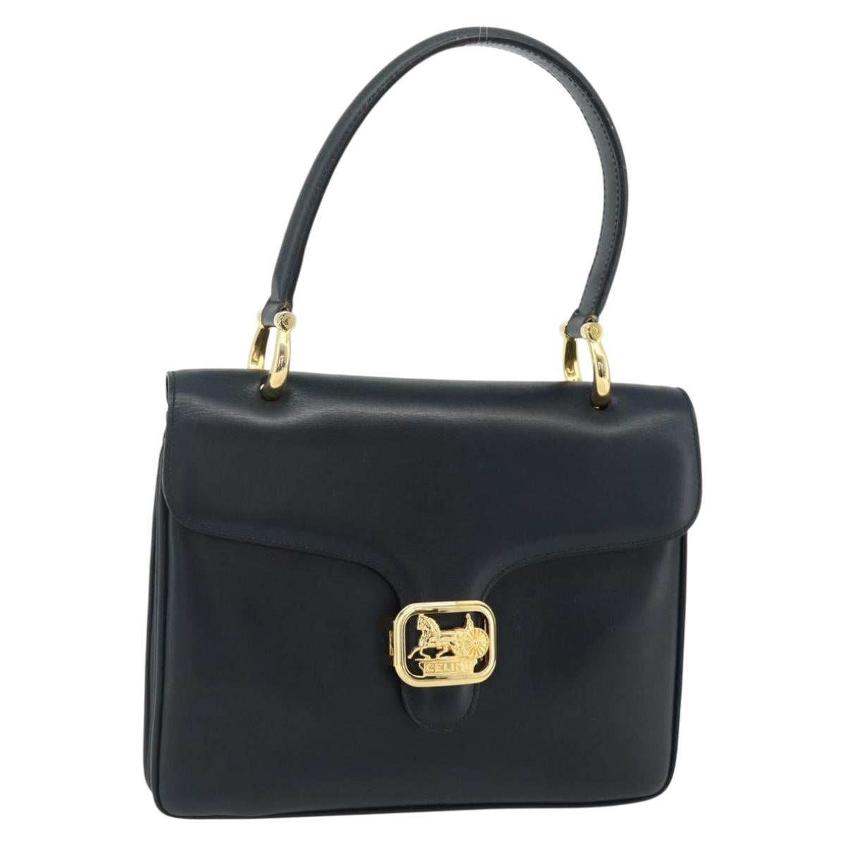 CELINE Hand Bag Leather Navy Gold Auth mr2438