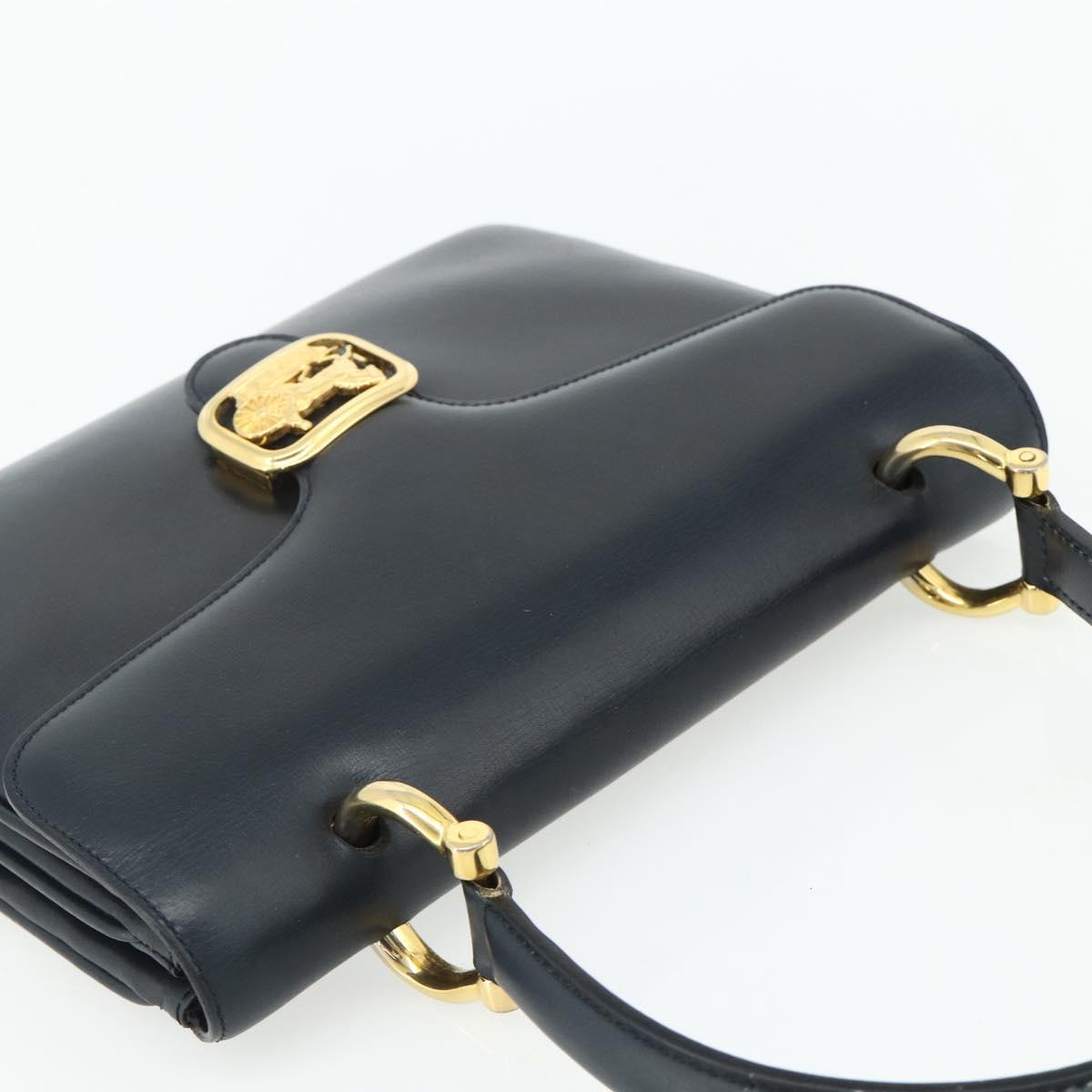 CELINE Hand Bag Leather Navy Gold Auth mr2438