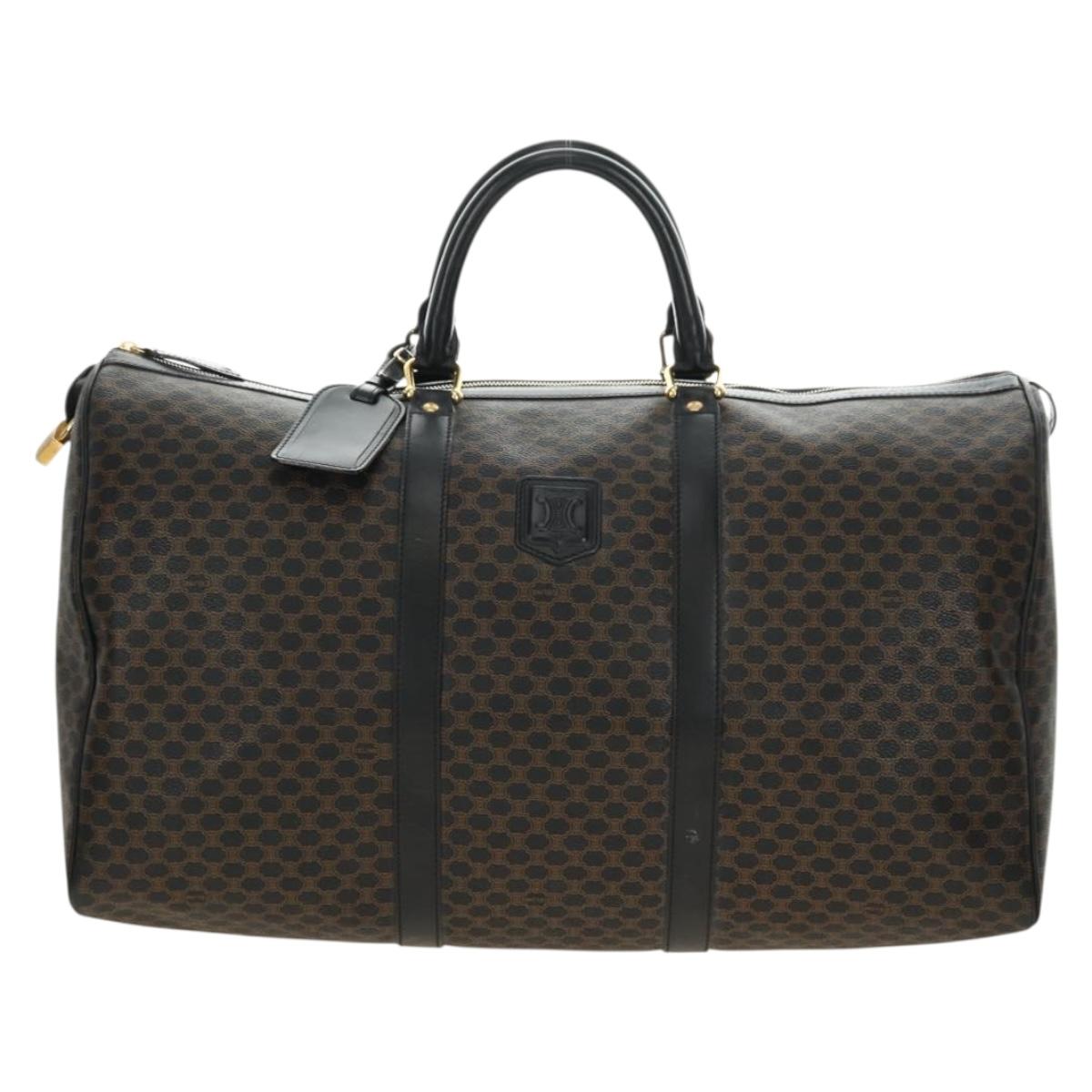 CELINE Macadam Canvas Boston Bag PVC Leather Black Gold Auth mr2439