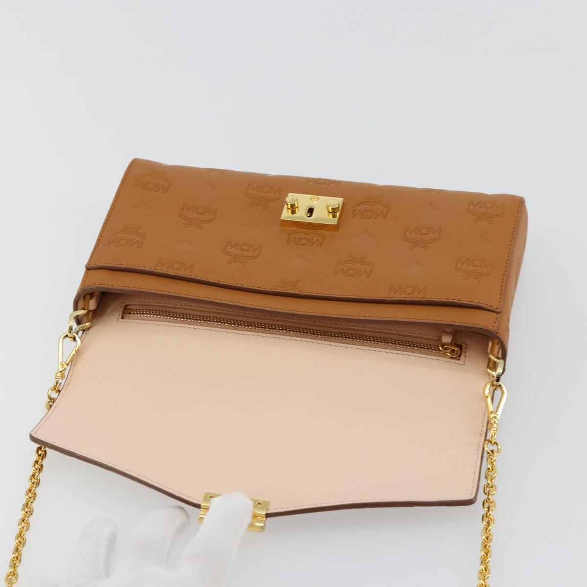 MCM Vicetos Logogram Chain Shoulder Bag Leather Brown Gold Auth mr2451V