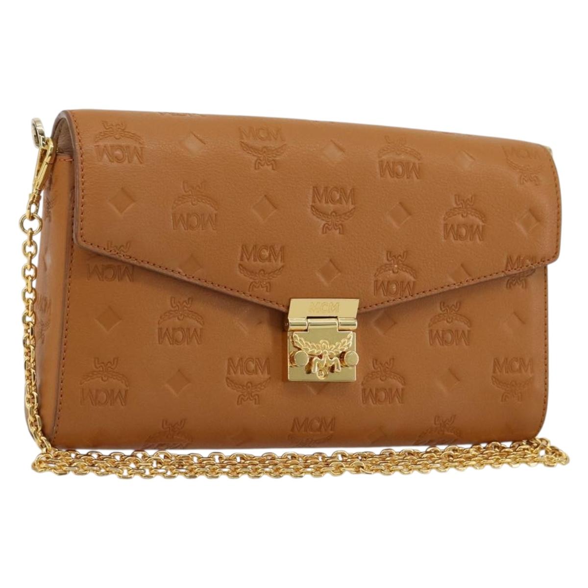 MCM Vicetos Logogram Chain Shoulder Bag Leather Brown Gold Auth mr2451V