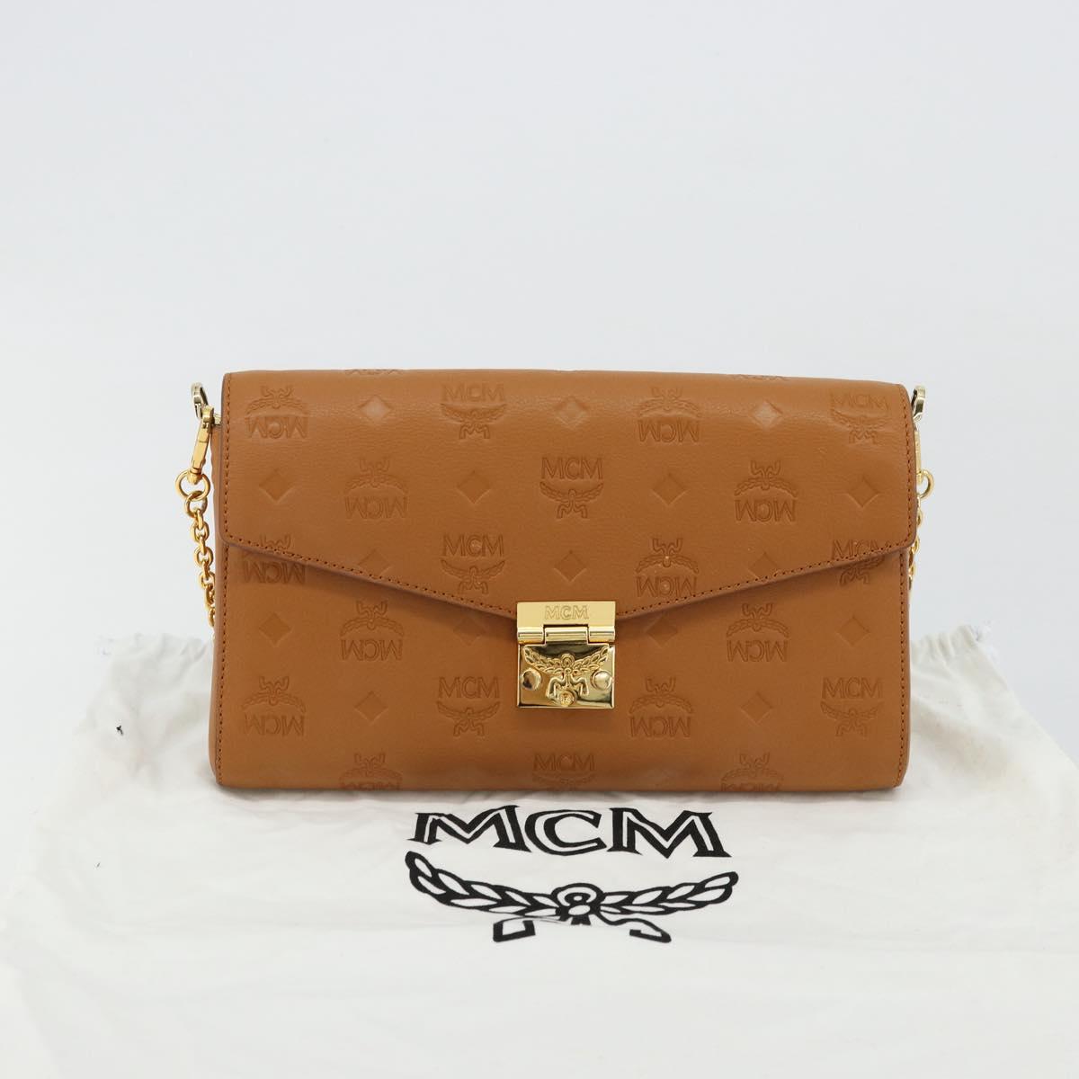 MCM Vicetos Logogram Chain Shoulder Bag Leather Brown Gold Auth mr2451V