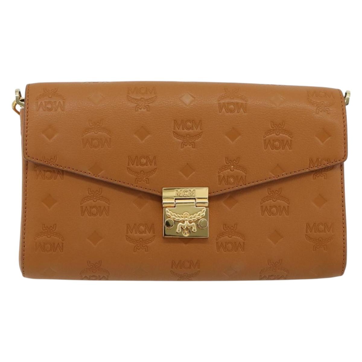 MCM Vicetos Logogram Chain Shoulder Bag Leather Brown Gold Auth mr2451V