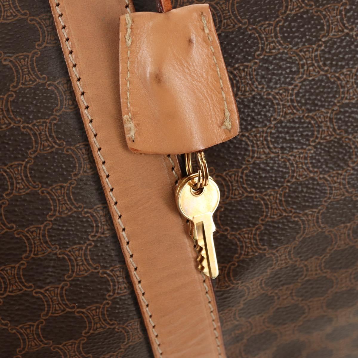 CELINE Macadam Canvas Boston Bag PVC Leather Brown Gold Auth mr2473