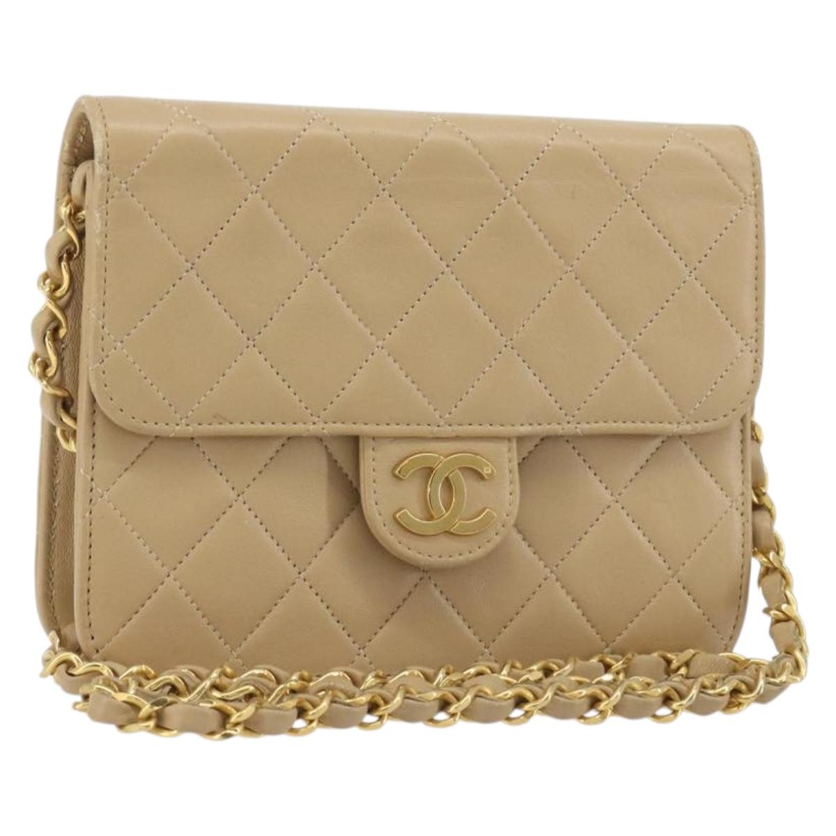 CHANEL Chain Shoulder Bag Lamb Skin Beige Gold CC Auth mr2475