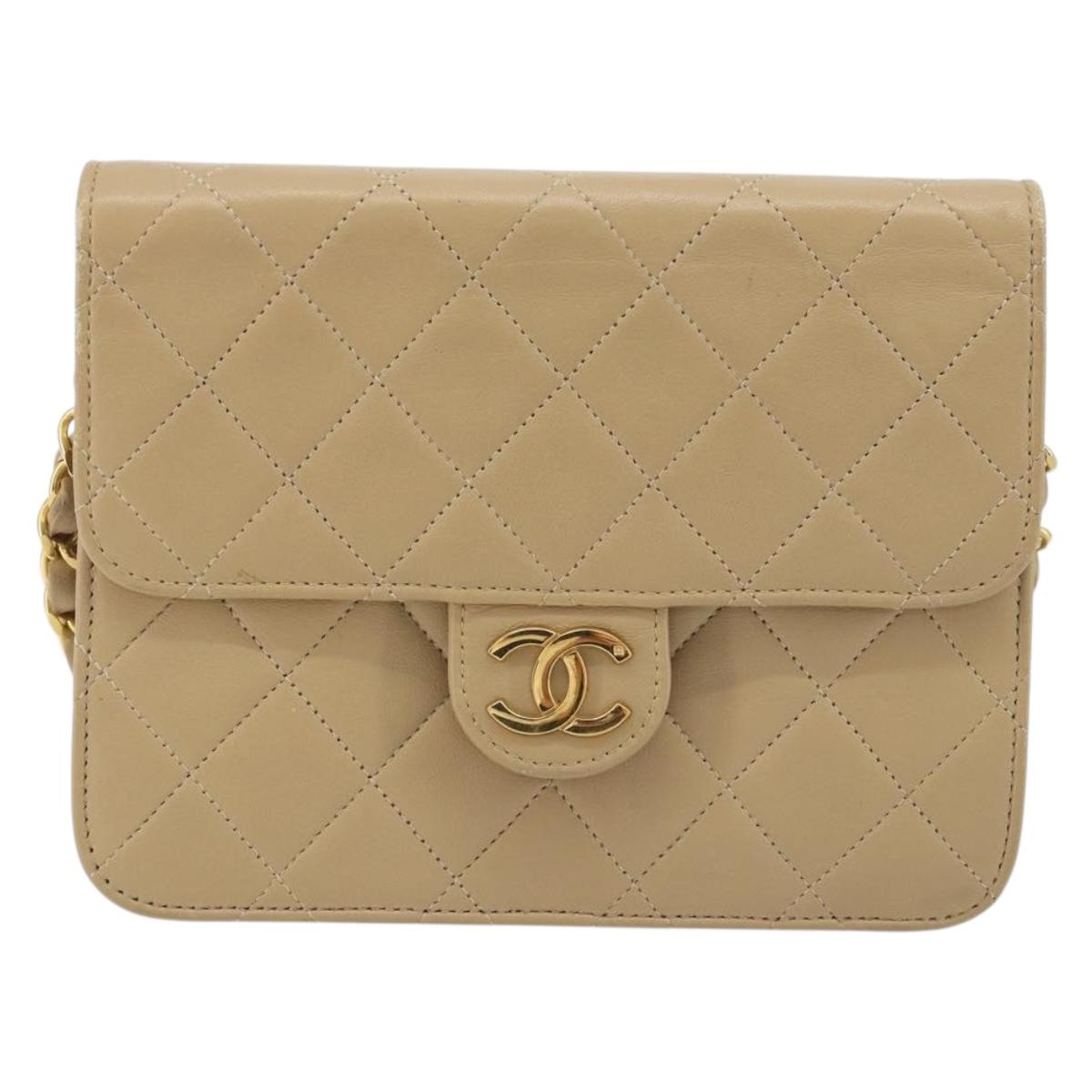CHANEL Chain Shoulder Bag Lamb Skin Beige Gold CC Auth mr2475