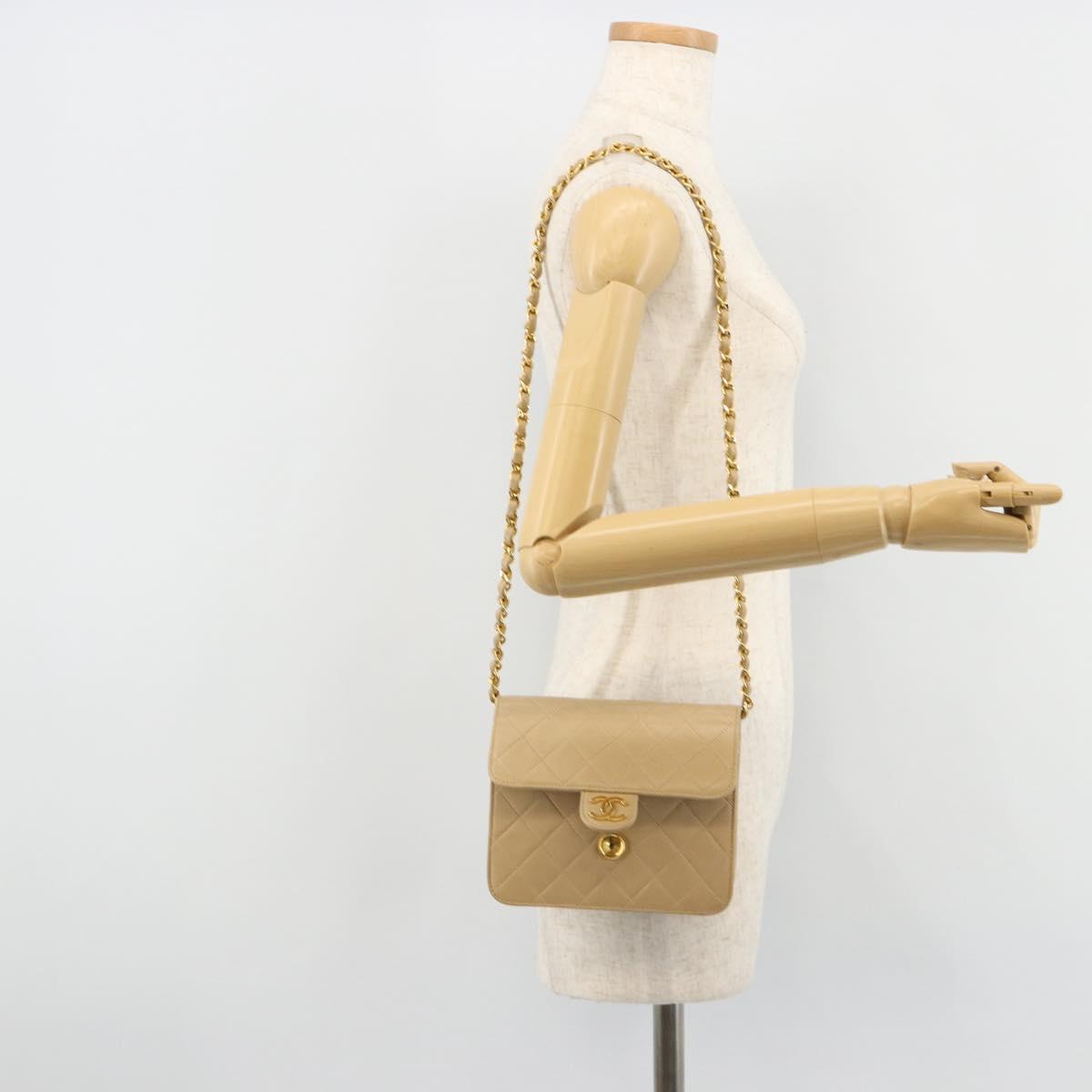 CHANEL Chain Shoulder Bag Lamb Skin Beige Gold CC Auth mr2475V