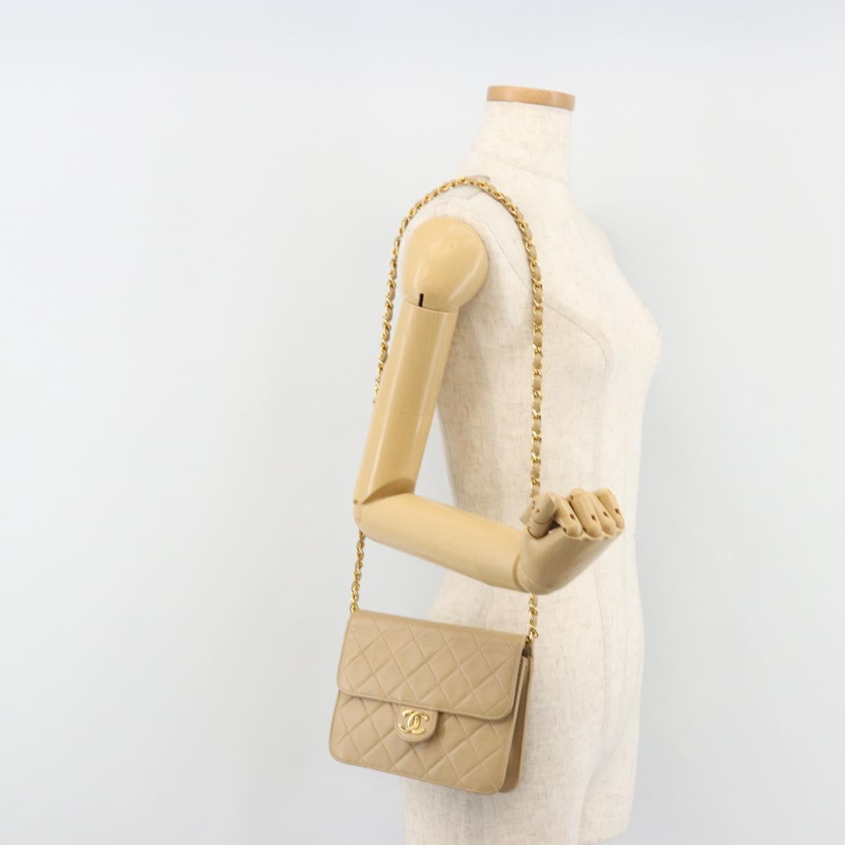 CHANEL Chain Shoulder Bag Lamb Skin Beige Gold CC Auth mr2475V