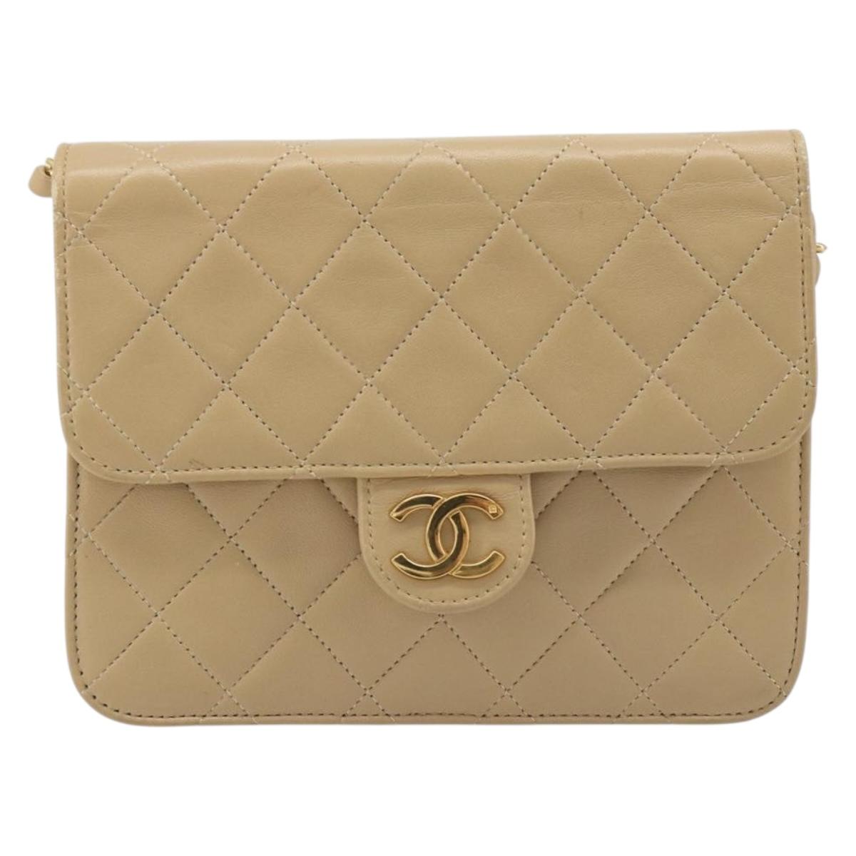 CHANEL Chain Shoulder Bag Lamb Skin Beige Gold CC Auth mr2475V